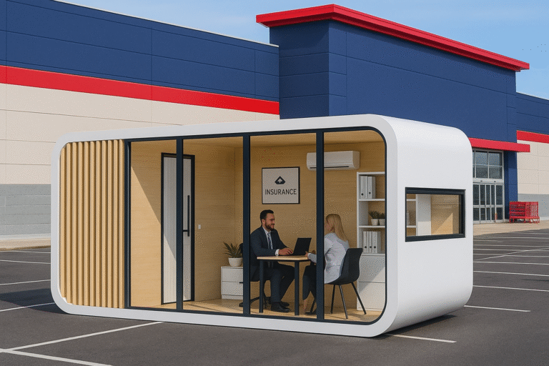 modern office pod in retail parking
