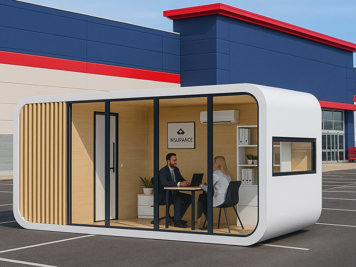 modern office pod in retail parking